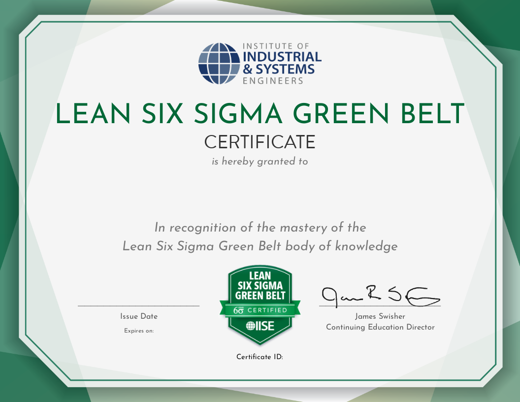 Lean Six Sigma Green Belt • Institute of Industrial and Systems Regarding Green Belt Certificate Template